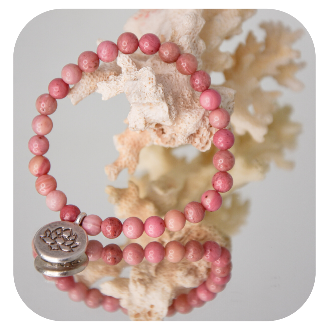 Rhodochrosite hand mala with Lotus pendant