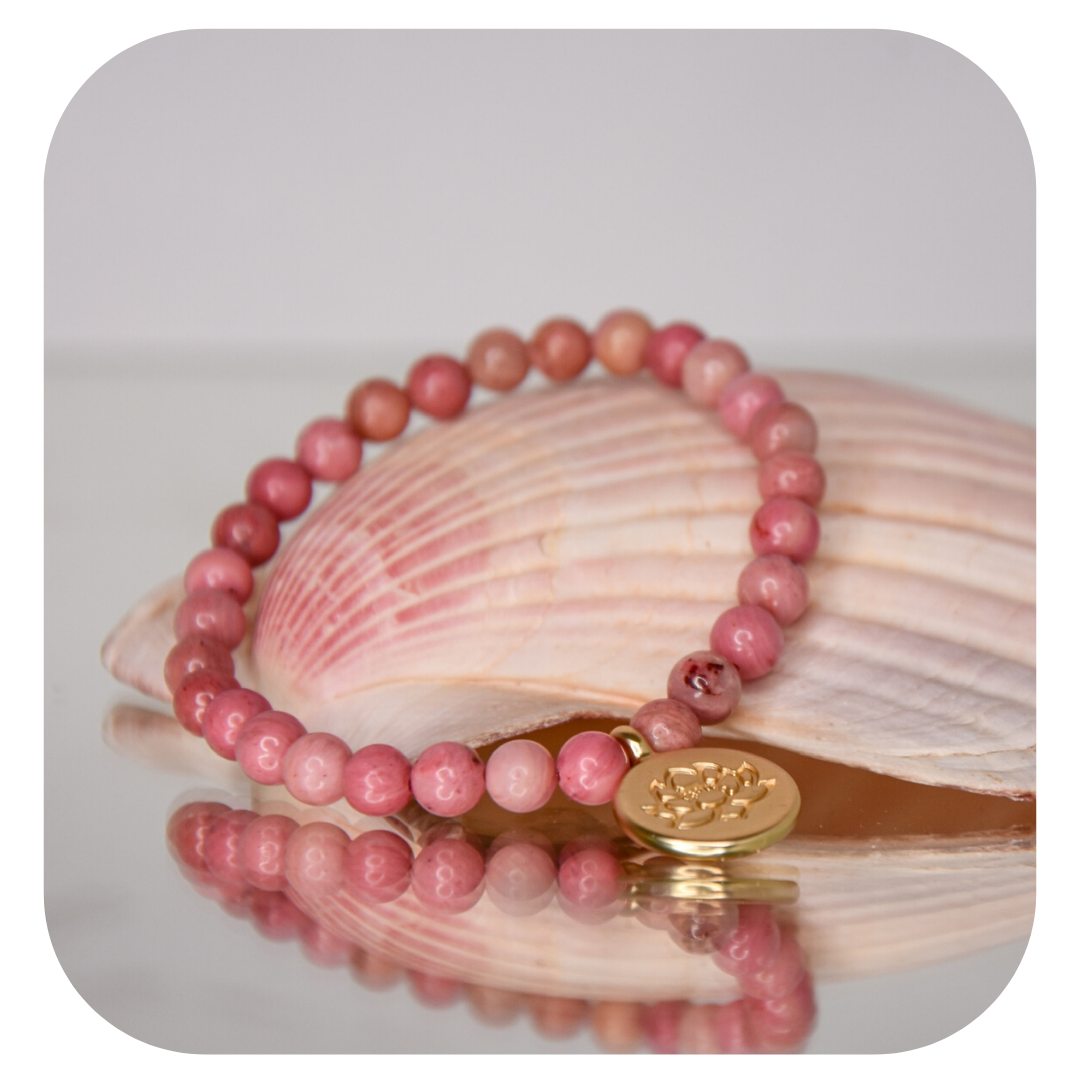 Rhodochrosite hand mala with Lotus pendant